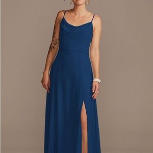 NWT David’s Bridal cowl neck chiffon bridesmaid dress with slit in Marine Blue!
